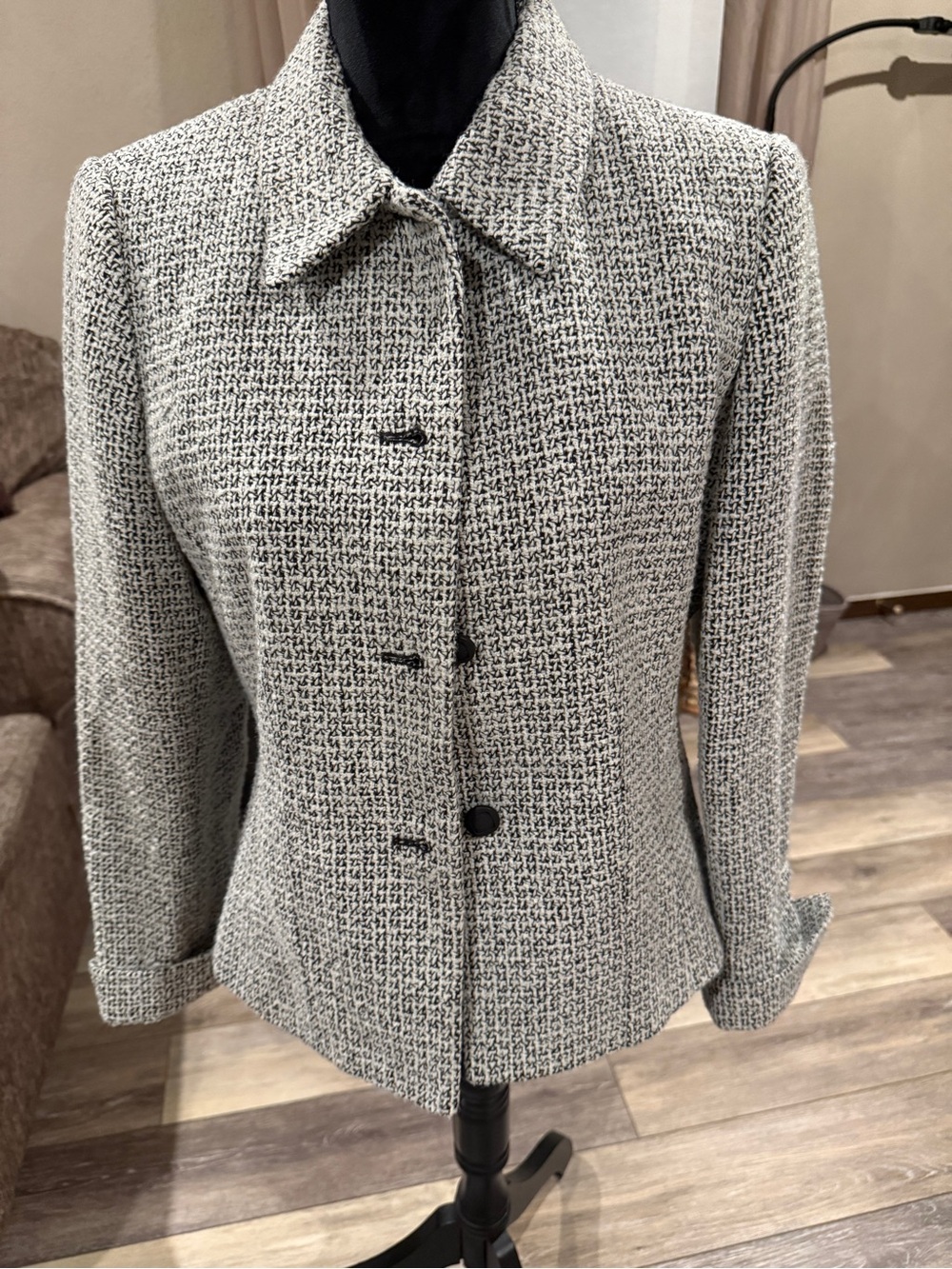 Emma James Black and White Tweed Button-Front Blazer